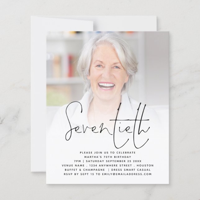 BUDGET Script Photo 70th Birthday Party Invitation (Front)
