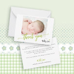 Budget script photo baby shower thank you card<br><div class="desc">Trendy modern minimal bright green typography script boy baby shower budget affordable small thank you card template personalised with newborn baby photo and your text.</div>
