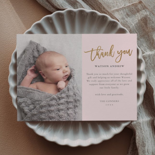 Budget Script Photo Baby Thank You Card (Modern gold script budget baby photo thank you cards.)