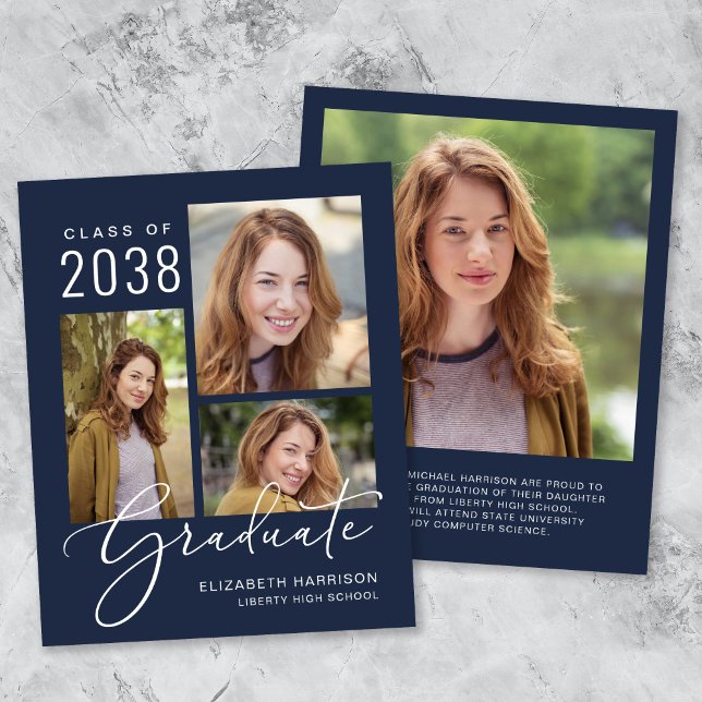 Budget Script Photo Blue Graduation Announcement (An elegant photo collage graduation announcement to celebrate the graduate's achievements)