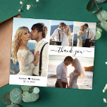 Budget Script Photo Collage Wedding Thank You Card<br><div class="desc">Budget, Minimalist Modern Elegant Hand Lettered Script 4 Photo Collage Wedding Thank You personalised affordable low budget thin card. Stylish wedding thank you card template featuring four photo on the front and one photo on the back. ***PLEASE NOTE! *** BUDGET PAPER/FLYER IS PAPER THIN. *** UPGRADE THE PAPER FOR A...</div>