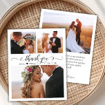 Budget Script Photo Collage Wedding Thank You Card<br><div class="desc">Budget Elegant Modern Script 3 Photo Collage Wedding Thank You personalised affordable low budget cheap thin card. Stylish wedding thank you card template featuring three (3) photo on the front and one (1) photo on the back. With the "Thank You" text in a swirly hand lettered swirly calligraphy or typography...</div>