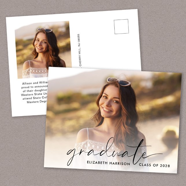 Budget Script Photo Graduation Announcement Postcard (Creator Uploaded)