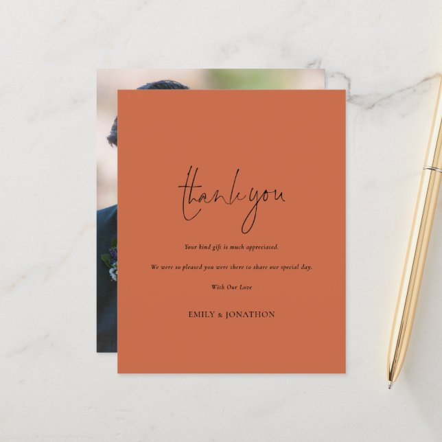 Budget Script Photo Terracotta Wedding Thank You (Front/Back In Situ)