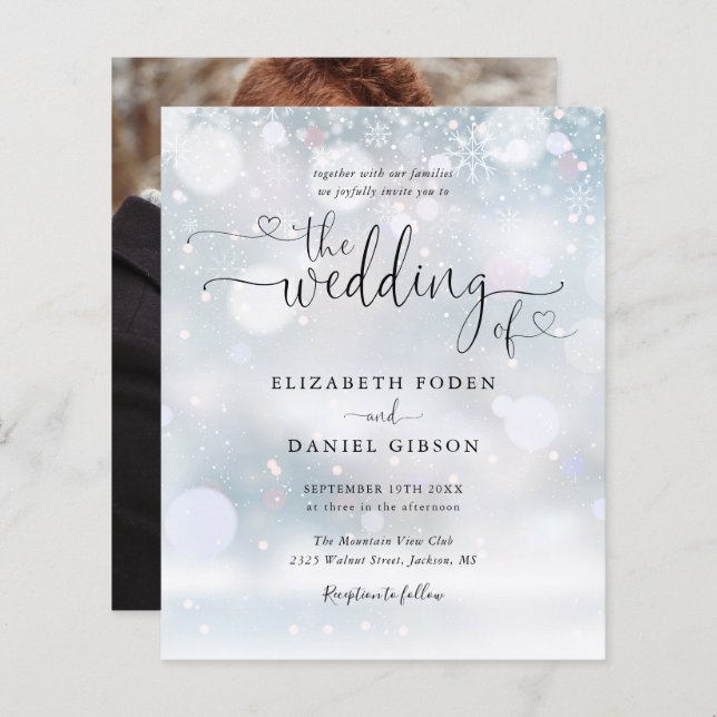 Budget Script Photo Winter Wedding Invitation (Front/Back)