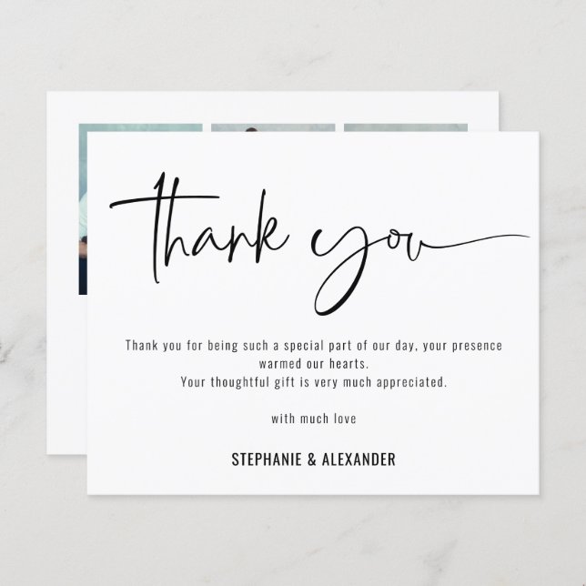 Budget Script QR Code 3 photos Wedding Thank You (Front/Back)