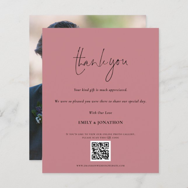 Budget Script QR Code Wedding Photo Pink Thanks (Front/Back)