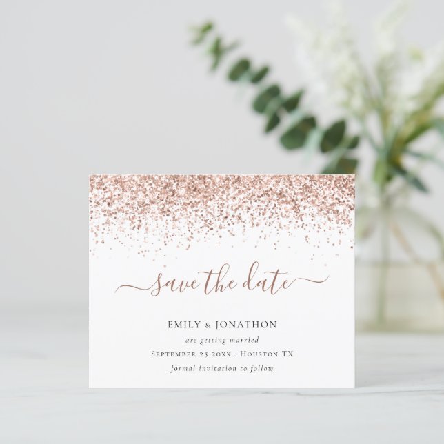 Budget Script Rose Gold Glitter Save the Date  (Standing Front)