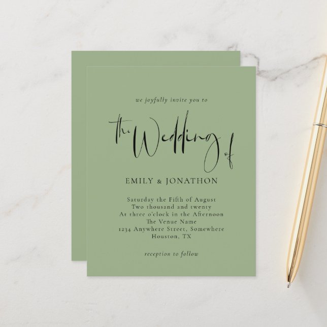 Budget Script Sage Green Wedding Invitation (Front/Back In Situ)