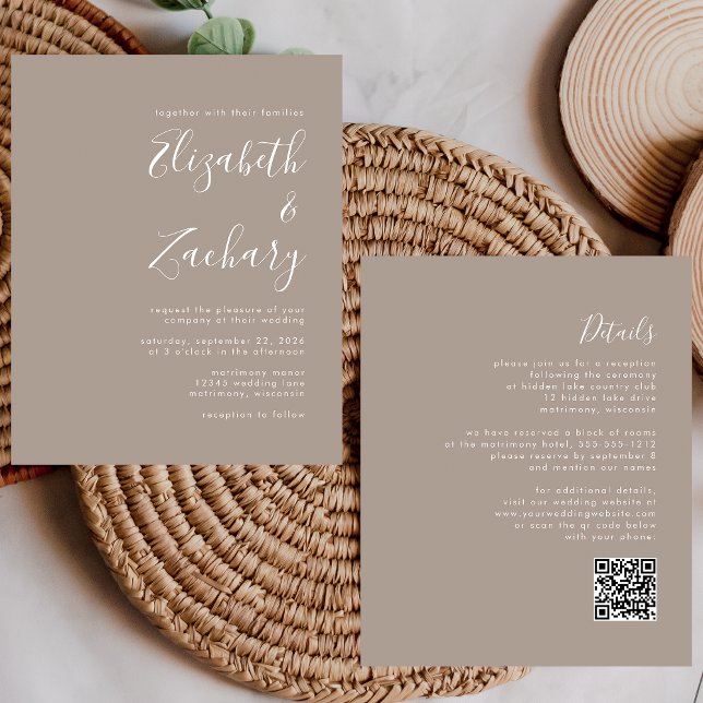 Budget Script Taupe QR Code Wedding Invite (Creator Uploaded)