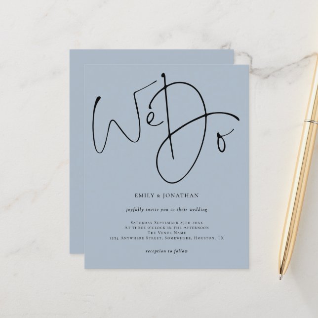 Budget Script We Do Dusty Blue Wedding Invitation (Front/Back In Situ)