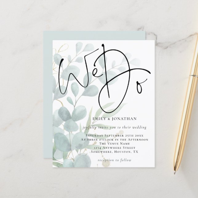 Budget Script We Do Eucalyptus Wedding Invitation (Front/Back In Situ)