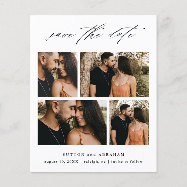 Budget Script Wedding Photo Collage Save The Date Flyer (Front)