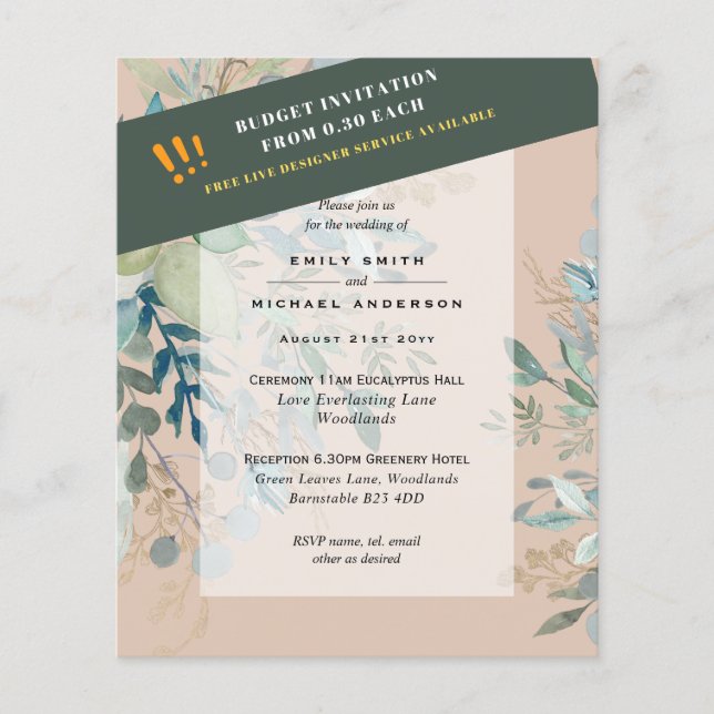 BUDGET Sea Glass Green Eucalyptus Leaves Wedding Flyer (Front)