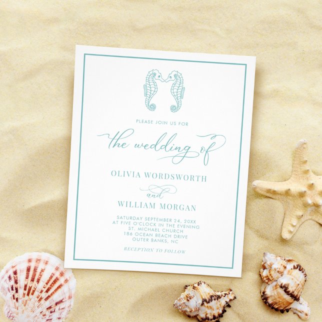 Budget Seahorse Wedding Invite Sea Glass Blue Flyer (Creator Uploaded)