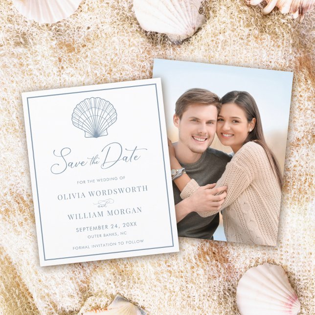 Budget Seashell Beach Dusty Blue Save the Date (Creator Uploaded)