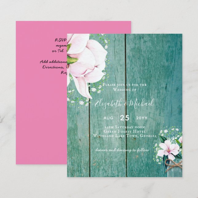 BUDGET Shabby Pink Magnolia Chic Wedding Invite (Front/Back)