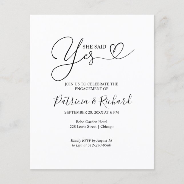 Budget She Said Yes Engagement Party  Announcement (Front)