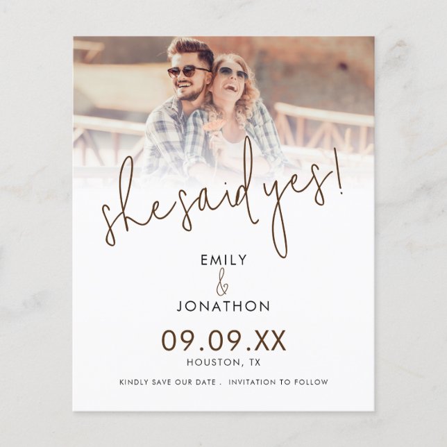 Budget She Said Yes Photo Overlay Save The Date Flyer (Front)
