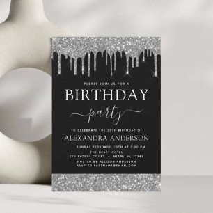 Budget Silver Black Glitter Birthday Invitation