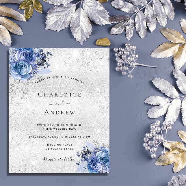 Budget silver blue florals wedding invitation (Creator Uploaded)