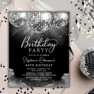 Budget Silver Disco Ball 40th Birthday Invite