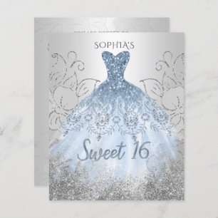 Budget Silver Dusty Blue Dress Sweet 16 Invitation