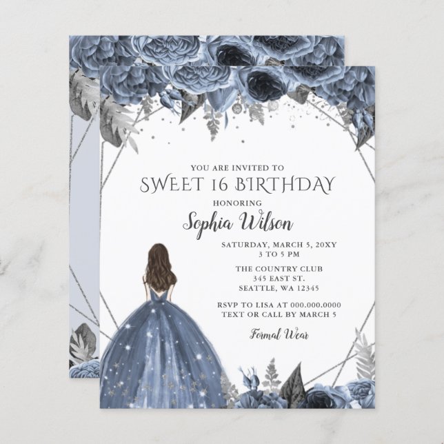 Budget Silver Dusty Blue Dress Sweet 16 Invitaton (Front/Back)