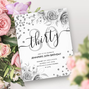 Budget Silver Floral Glitter 30th Birthday Flyer