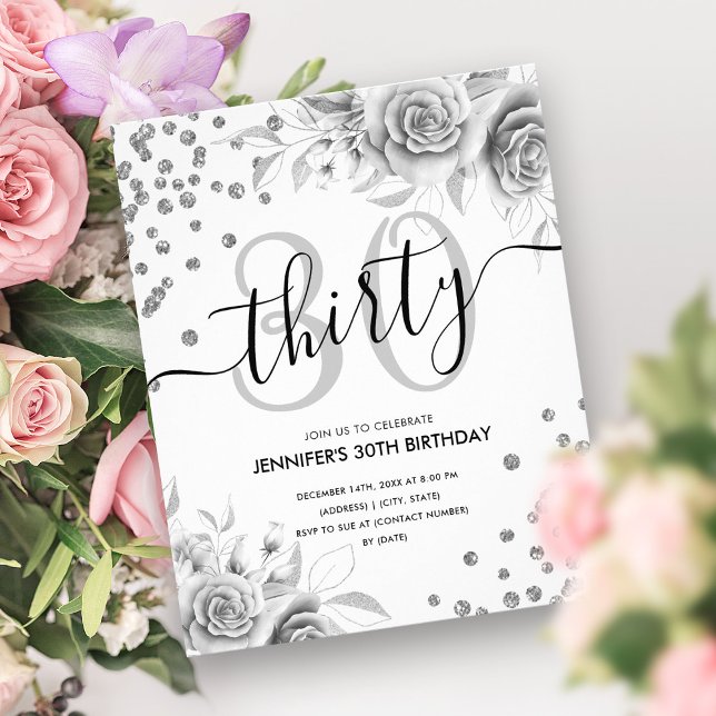 Budget Silver Floral Glitter 30th Birthday Flyer (Budget Silver Floral Glitter 30th Birthday Flyer)