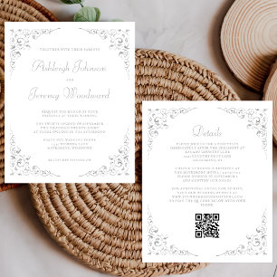 Budget Silver Foliage QR Code Wedding Invitation