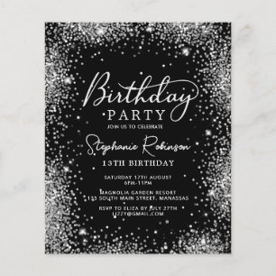 Budget Silver Glitter Black 13th Birthday Invite
