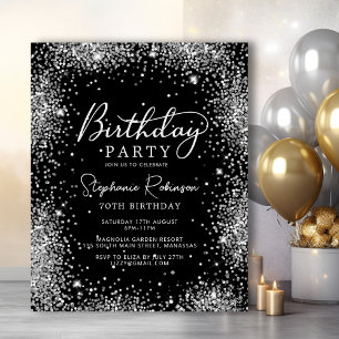 Budget Silver Glitter Black 70th Birthday Invite