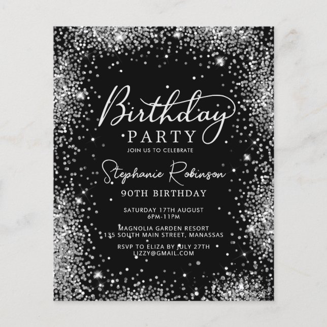 Budget Silver Glitter Black 90th Birthday Invite (Front)