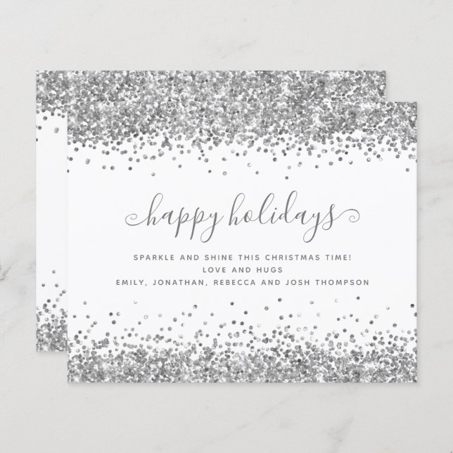 Budget Silver Glitter Borders Happy Holidays Card (Front/Back)