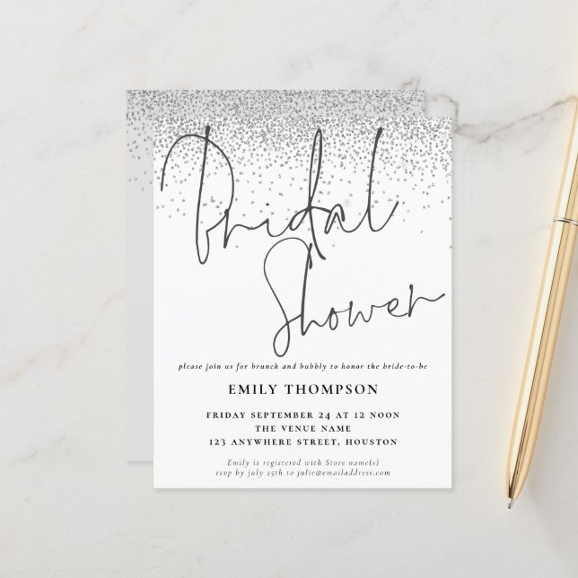 Budget Silver Glitter Bridal Shower Invitation (Front/Back In Situ)