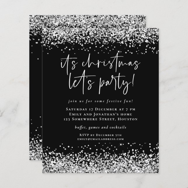Budget Silver Glitter Christmas Lets Party Invite (Front/Back)