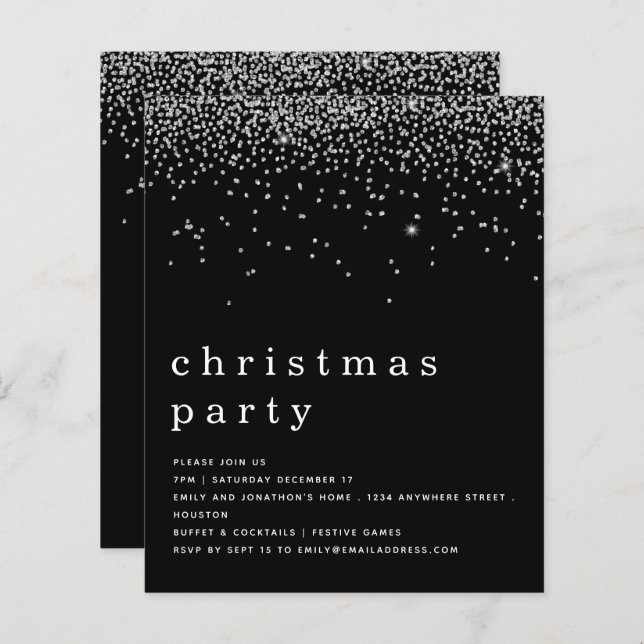 Budget Silver Glitter Christmas Party Black Invite (Front/Back)