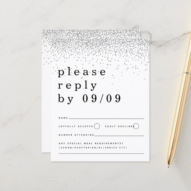 Budget Silver Glitter Confetti Wedding RSVP (Front/Back In Situ)