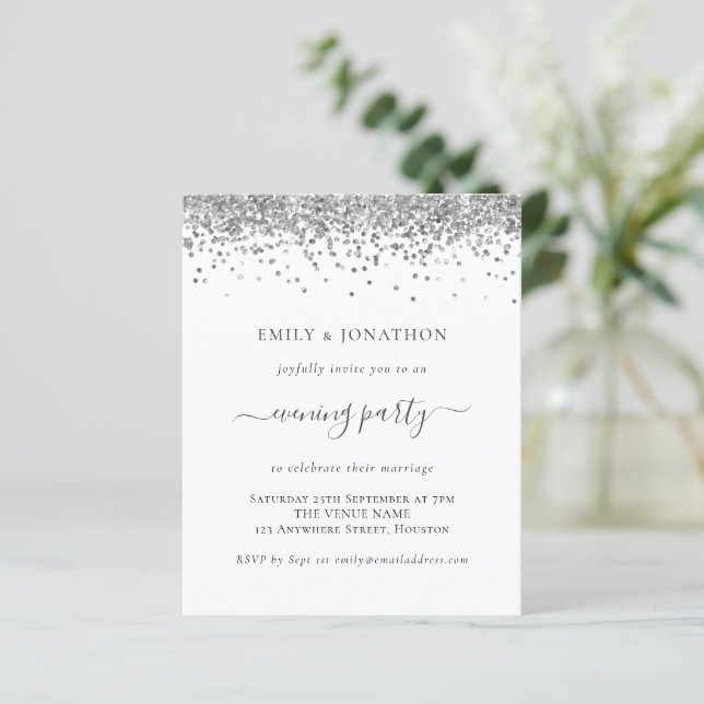 Budget Silver Glitter Evening Wedding Invitation (Standing Front)