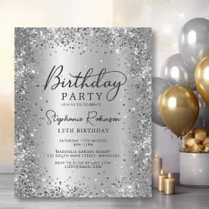 Budget Silver Glitter Foil 13th Birthday Invite