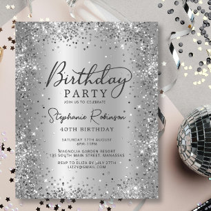 Budget Silver Glitter Metal 40th Birthday Invite