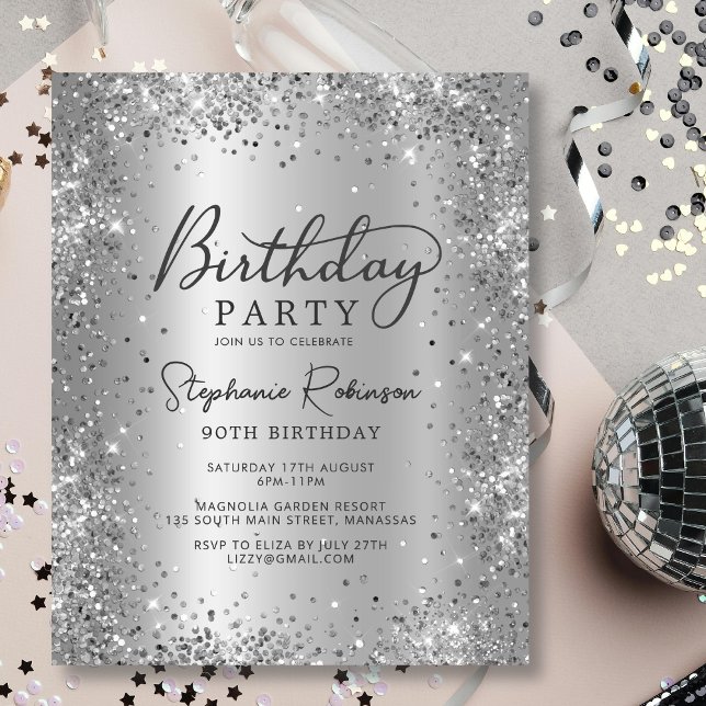Budget Silver Glitter Metal 90th Birthday Invite (Creator Uploaded)
