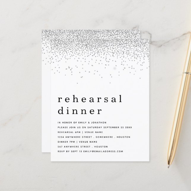 Budget Silver Glitter Rehearsal Dinner Invite (Front/Back In Situ)