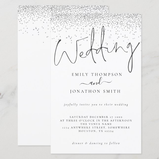 Budget Silver Glitter Script Wedding Invite (Front/Back)
