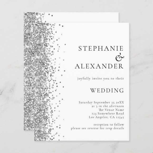 Budget Silver Glitter White Wedding Invitation (Front/Back)