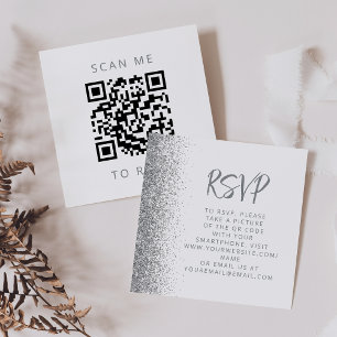 Budget Silver Glitter White Wedding QR Code RSVP Enclosure Card