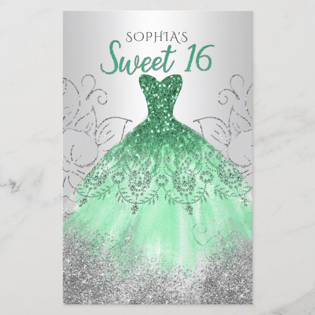 Budget Silver Green Dress Sweet 16 Invitation (Front)