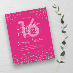 Budget Silver Hot Pink Confetti Sweet 16 Invite