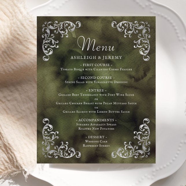 Budget Silver Olive Green Vintage Wedding Menu (Creator Uploaded)